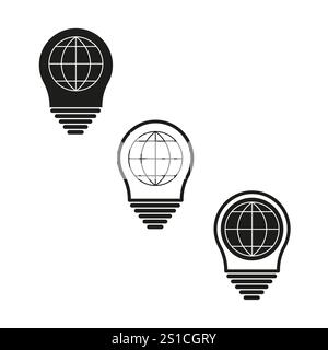 Glühlampensymbol. Globe Earth Concept. Minimales Vektordesign. Schwarzweiße Abbildung. Stock Vektor