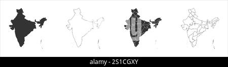 Indien Set aus drei Karten – durchgehende Karte, Umrisskarte und Karte mit den Verwaltungsbereichen. Drei unterschiedliche Karten zeigen verschiedene Darstellungen eines geografischen Gebiets. Stock Vektor