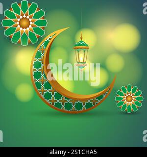 islamischer Hintergrund in grüner und goldener Farbe mit realistischem Halbmond, Laterne und Mandala auf unscharfem Bokeh-Hintergrund, Vektorillustration Stock Vektor