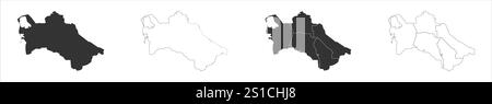 Turkmenistan Set aus drei Karten – durchgehende Karte, Umrisskarte und Karte mit den Verwaltungsbereichen. Drei unterschiedliche Karten zeigen verschiedene Darstellungen eines geografischen Gebiets. Stock Vektor