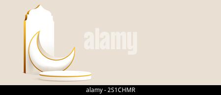 3D islamischer Podiumhintergrund mit Gold und Cremefarbe für ramadan kareem, eid mubarak, ramadan Verkauf, islamische Produktpräsentation Stock Vektor