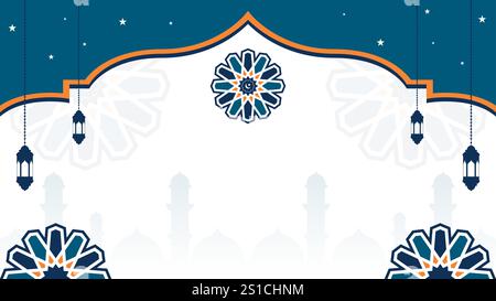 Flacher islamischer Hintergrund in Blau und Orange mit Laterne, Mandala und Platz für Text Stock Vektor