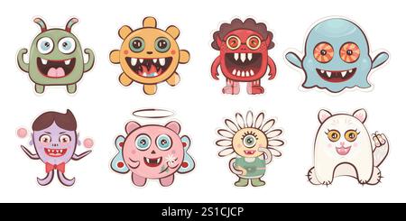 Bunte niedliche und groovige Monster Set, Comic gruselige Charaktere, Vektor trendige Farbillustrationen Stock Vektor