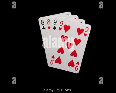 Vier Spielkarten mit den Zahlen 8, 9. Die Karten sind hintereinander angeordnet. Pokerkarten Stockfoto