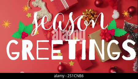 Bild der Jahreszeiten Grußtext über weihnachtsschmuck Stockfoto