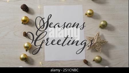 Bild der Jahreszeiten Grußtext über weihnachtsschmuck Stockfoto