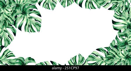 Aquarellillustration der Monstera. Botanischer Rahmen aus grünen Pflanzenblättern handgezeichnet. Tropische Pflanze grüne Farbe, auf isoliertem Hintergrund. Drawin Stockfoto