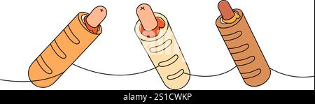 Französisches Hotdog-Set, einzeilige, durchgehende Zeichnung. Amerikanisches Fast Food. Lineare Vektordarstellung. Stock Vektor