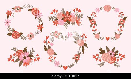Niedliche handgezeichnete hübsche Blumenkränze und Blumensträuße im bunten Stil, perfekt zum Dekorieren von Valentinstag-Geschenkkarten und Hochzeitseinladungen. Insgesamt Stock Vektor