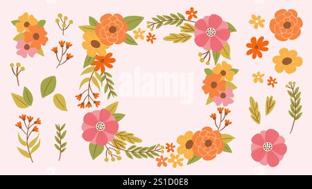 Niedlicher handgezeichneter farbenfroher Blumenrahmen und isolierte Blumen, Blätter und Zweige, perfekt für die Dekoration von Geschenkkarten, Drucken und Bastelprojekten. Insgesamt Stock Vektor
