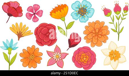 Niedliches handgezeichnetes buntes Blumenset, perfekt für die Dekoration von Oberflächen, Drucken und Bastelarbeiten. Insgesamt 14 Einzelposten. Vektorabbildung. Stock Vektor