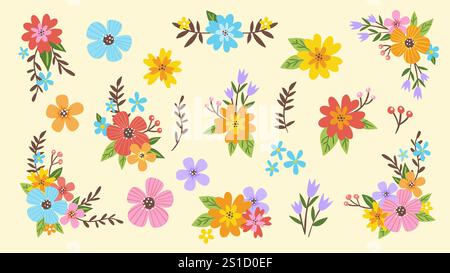 Niedliches handgezeichnetes farbenfrohes Blumenset, perfekt zum Dekorieren von Geschenkkarten, Drucken und Bastelprojekten. Insgesamt 20 Einzelposten. Vektorillustratio Stock Vektor