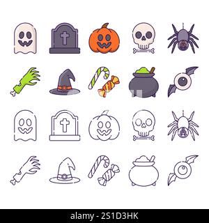 Niedliche halloween-Vektor-Element-Kollektion im umrissenen Stil Stock Vektor