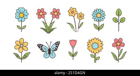 Set handgezeichneter Blumen mit umrissenem Stil Stock Vektor