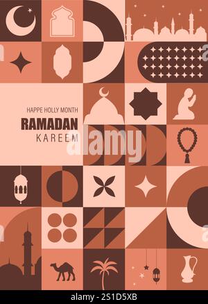 Ramadan Kareem Grußkarte. Bauhaus-Hintergrund mit Moschee, Mond, Sternen, Bogenfenster. Trendige, minimalistische Postkarte. Vektorabbildung in NEO Stock Vektor
