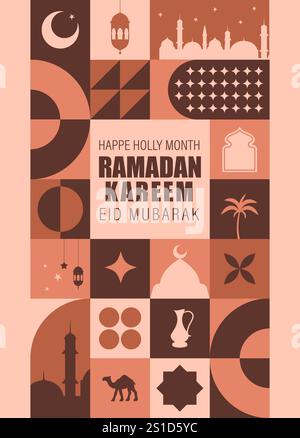 Ramadan Mubarak Postkarte. Minimales Vintage-Poster mit geometrischem Design der 20er Jahre mit beigefarbenen Elementen traditioneller Formen. Geometrisches Muster für Neugeborene. Vektor Stock Vektor