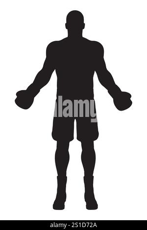 Ein Mann in einem schwarzen Hemd und Shorts steht in einem Boxring. Er hält Boxhandschuhe in der Hand Stock Vektor