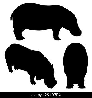 Drei schwarz-weiße Silhouetten eines Nilpferdes. Der erste schaut nach unten, der zweite schaut nach oben und der dritte schaut nach oben Stock Vektor