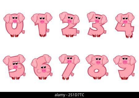 Cartoon-Nummern wie Schweine von 0 bis 9. Niedliche Schweineziffern-Illustration für Geburtstagsfeier. Kalligrafie, Schriften, Typografie für Ihre Bildungskarten Stock Vektor