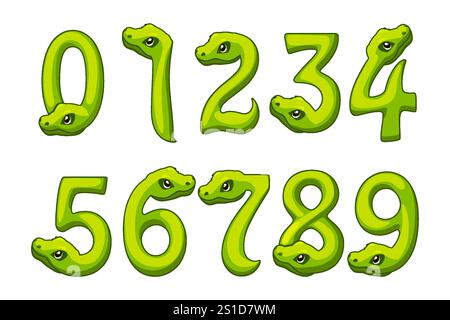 Eine Reihe von Zahlen wie Schlange von 0 bis 9. Niedliche Schlangenzahlen Illustration für Geburtstagsfeier. Kalligrafie, Schriften, Typografie für Ihre Bildungskarten Stock Vektor