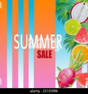 Sommerverkauf, Gemälde Obst mit Wassermelone, Drachenfrucht und Zitrone. Handgezeichnete Aquarellmalerei bunte Illustration der Poster-Tapete für Spaß Stockfoto