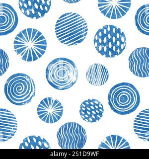 Nahtloses blaues Muster mit unregelmäßigen kreisförmigen Motiven. Stock Vektor