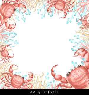 Krabben und bunte Riffkorallen. Handgezeichnete Aquarellillustration. Vorlage für Postkarte mit Kopierraum. Unterwasserrifftiere. Marineband Square Stockfoto