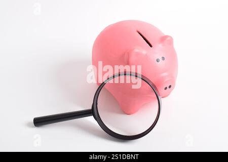 Sparfonds prüfen und Frage speichern. Lupe und rosa Schweinebank isoliert auf weißem Hintergrund. Kopierbereich für Text. Stockfoto