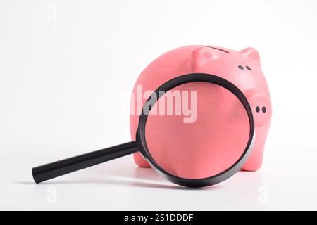 Sparfonds prüfen und Frage speichern. Lupe und rosa Schweinebank isoliert auf weißem Hintergrund. Kopierbereich für Text. Stockfoto