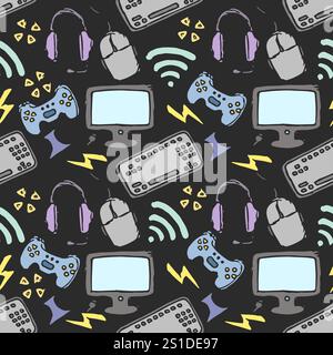 Nahtloses Gaming-Muster. Handgezeichneter Hintergrund für Spielsymbole Stockfoto