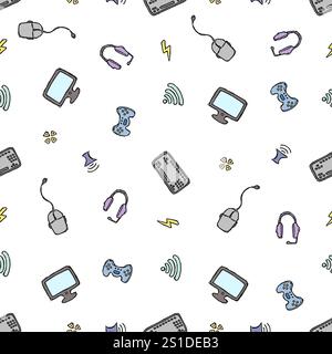 Nahtloses Gaming-Muster. Handgezeichneter Hintergrund für Spielsymbole Stockfoto