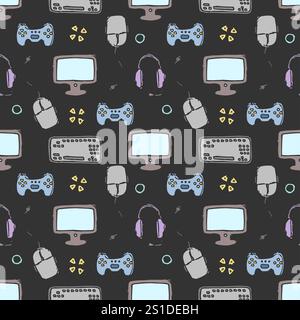 Nahtloses Gaming-Muster. Handgezeichneter Hintergrund für Spielsymbole Stockfoto