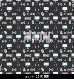 Nahtloses Gaming-Muster. Handgezeichneter Hintergrund für Spielsymbole Stockfoto