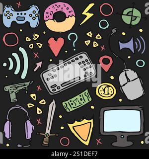 Legen Sie die Symbole für das Spielen fest. Handgezeichnete Doodle-Gaming-Illustration Stockfoto