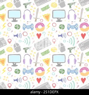 Nahtloses Gaming-Muster. Handgezeichneter Hintergrund für Spielsymbole Stockfoto