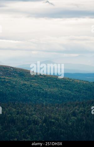 Majestätische skandinavische Berglandschaft in sanftem Licht Stockfoto
