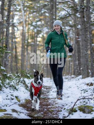 Lächelnde Frau rennt im Winter mit ihrem Hund an der Leine im Wald Stockfoto