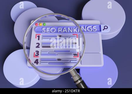 Vergrößerungsglas zur Vergrößerung eines Anwendungsfensters für Comic-Computer mit einer Webseite mit SEO-Rankings. Konzept der Suchmaschinenoptimierung Stockfoto