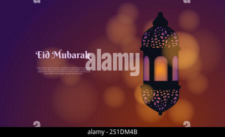 eid mubarak Grußkarte mit Laterne und Bokeh Hintergrund Stock Vektor