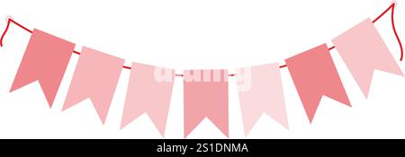 Wimpelgirlande am String in trendigem Monochrom-Pink. Valentinstag oder Weißer Tag: Dekorative Elemente. Isolierte Vektor-Illustration Gruß, thematische Karten, Posting, Blog oder Web Promo Banner, Etiketten Stock Vektor