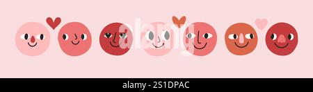 Love Doodle Face Set. Groovige, reizende, lustige Gesichter-Aufkleber. Love-Konzept. Alles Gute zum Valentinstag. Vektorabbildung Stock Vektor