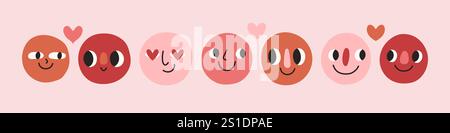 Love Doodle Face Set. Groovige, reizende, lustige Gesichter-Aufkleber. Love-Konzept. Alles Gute zum Valentinstag. Vektorabbildung Stock Vektor