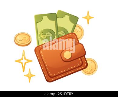 Ledergeldbörse mit Dollarscheine, umgeben von Münzen und Funkeln, die Wohlstand, Ausgaben und Budgetierung symbolisieren. Perfekt für Finanzen, Banken Stock Vektor