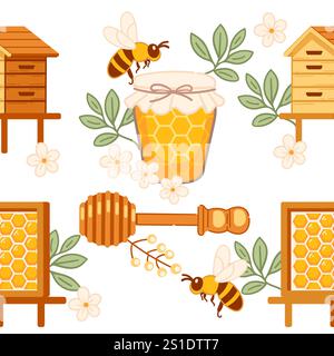 Nahtlose Imkerei mit Bienenstöcken, Honiggläsern, Bienen und Blumen, die die Natur symbolisieren, Landwirtschaft und ökologische Produktion. Perfekt für Designs Stock Vektor