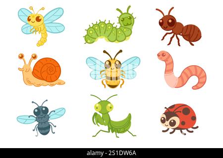 Niedliche Insektenkollektion mit Raupen, Bienen, Schnecken und Marienkäfern, die Biodiversität und Schönheit der Natur symbolisieren. Geeignet für Bildungseinrichtungen, Umgebungen Stock Vektor
