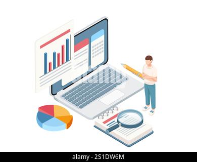 Büroeinrichtung im isometrischen Stil mit Laptop, Tortendiagramm, Notizbuch und einer Person mit Bleistift, die Produktivität, Datenanalyse und Teamarbeit repräsentiert Stock Vektor