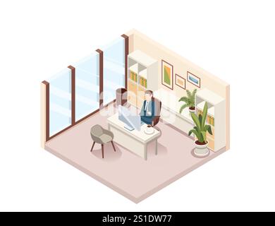 Private Büroeinrichtung mit einem Mann, der an einem Schreibtisch in der Nähe großer Fenster arbeitet. Produktivität und einen professionellen Arbeitsplatz. Ideal für Unternehmen, Führungspersönlichkeiten und c Stock Vektor