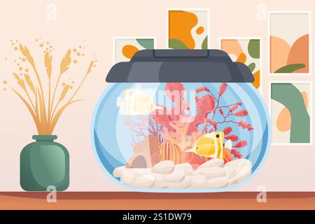 Fischschale mit dekorativen Pflanzen, Felsen und bunten Fischen, vor einem Hintergrund gerahmter Kunstwerke, die eine stilvolle Inneneinrichtung darstellen. Ideal für Stock Vektor