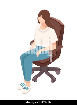 Isometrische Frau, die auf einem Bürostuhl sitzt, mit einem nachdenklichen Ausdruck, der Fokus oder Kontemplation symbolisiert. Geeignet für Arbeitsplatz, Entscheidungsfindung, Stock Vektor
