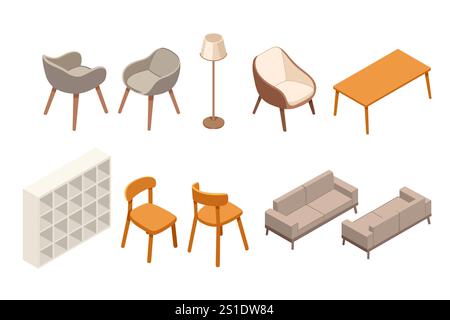 Auswahl an modernen Möbeln Stühlen, Sofas und Tischen im isometrischen Stil, perfekt für Innenarchitektur und Innendekoration. Ideal für lifestyl Stock Vektor